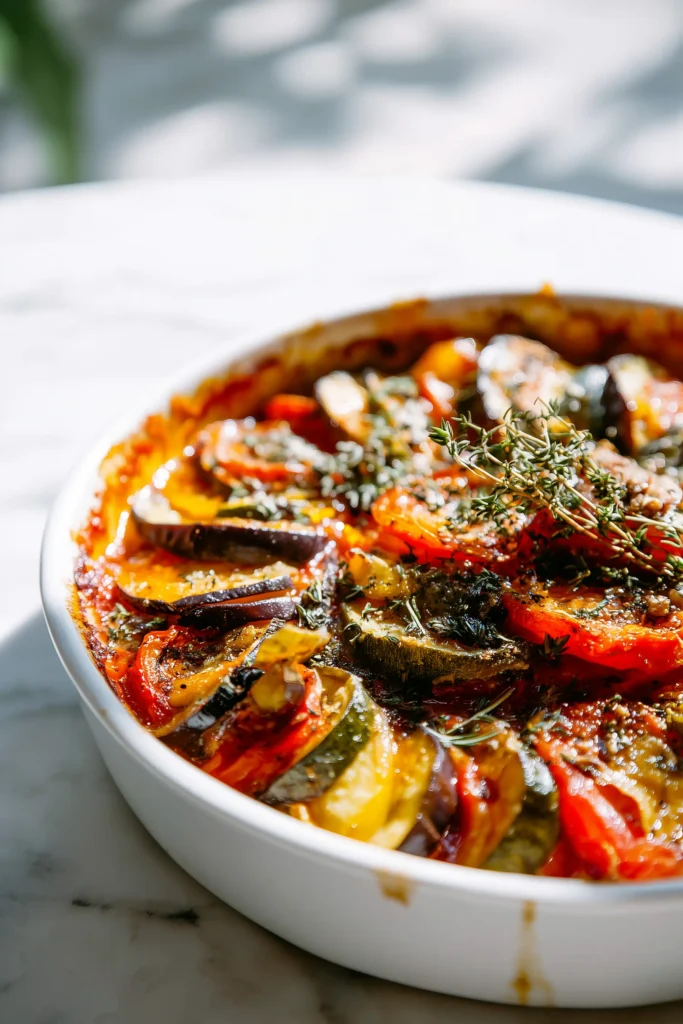 Homemade Classic French Ratatouille 3 Detailed image of baked Homemade Classic French Ratatouille showcasing caramelized vegetables and vibrant tomato sauce.
