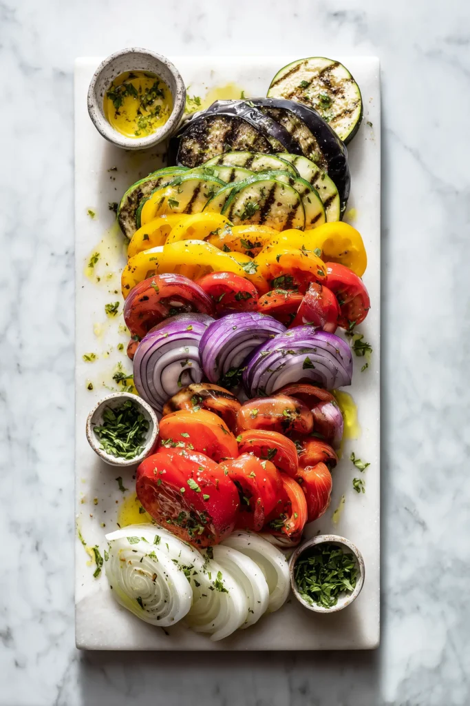 Homemade Classic French Ratatouille 2 Sliced eggplant, zucchini, tomatoes, onions, and bell peppers prepped for Homemade Classic French Ratatouille on a marble board.