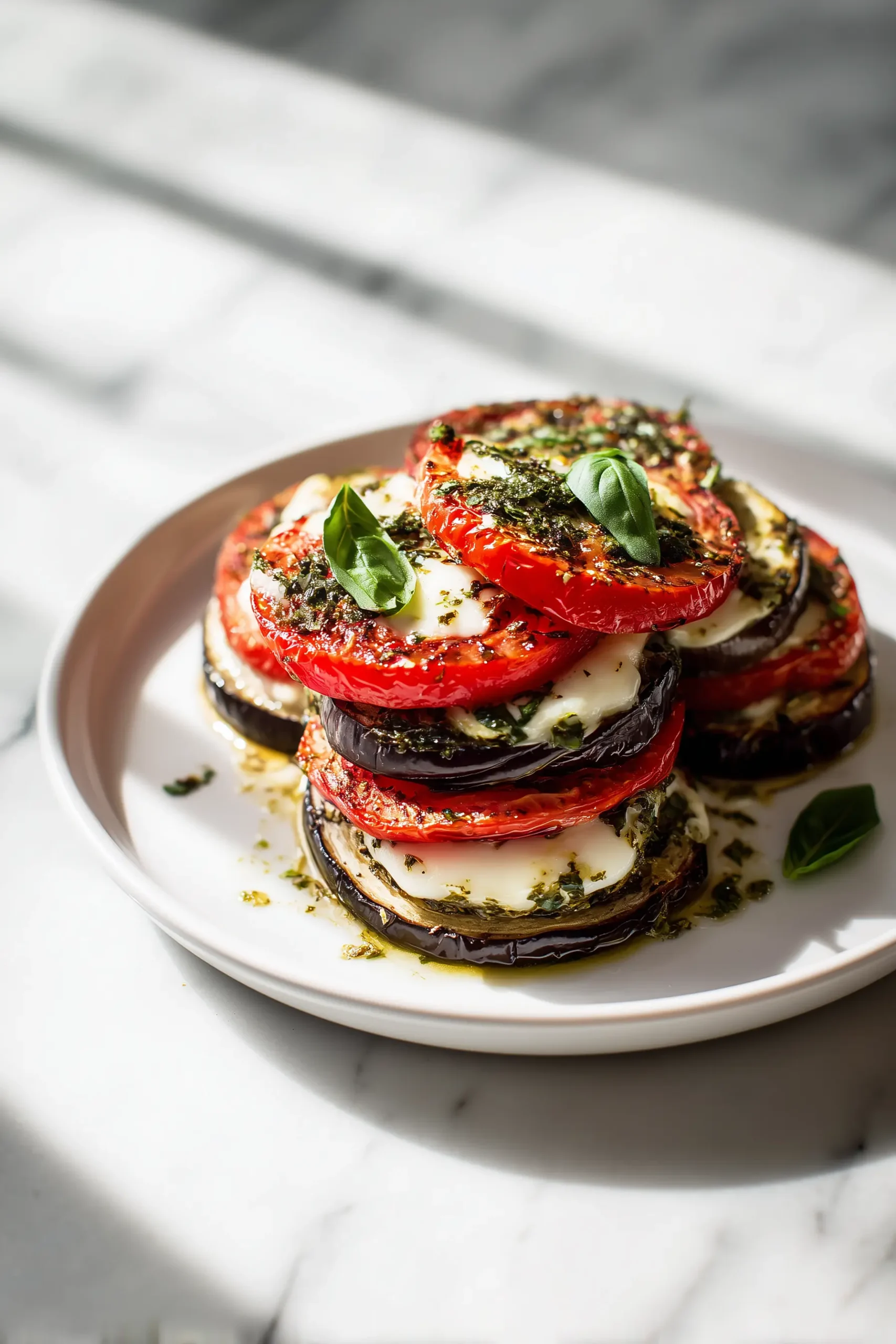 Roasted Eggplant Tomato Stacks layered with cheese and herbs on a white platter.