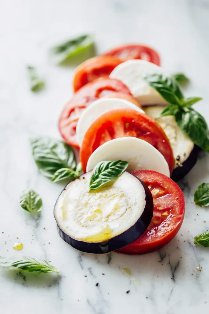 Ingredients for Roasted Eggplant Tomato Stacks arranged on a marble surface.