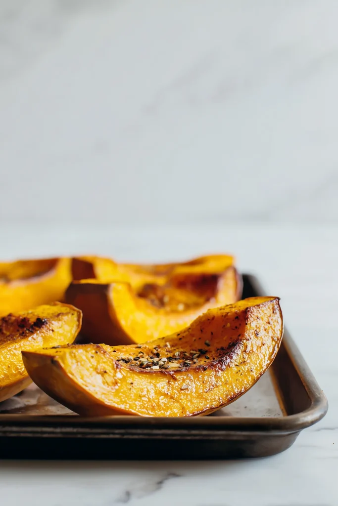 Pumpkin wedges roasting on a pan for Golden Roasted Pumpkin with Yogurt Sauce and Pine Nuts.