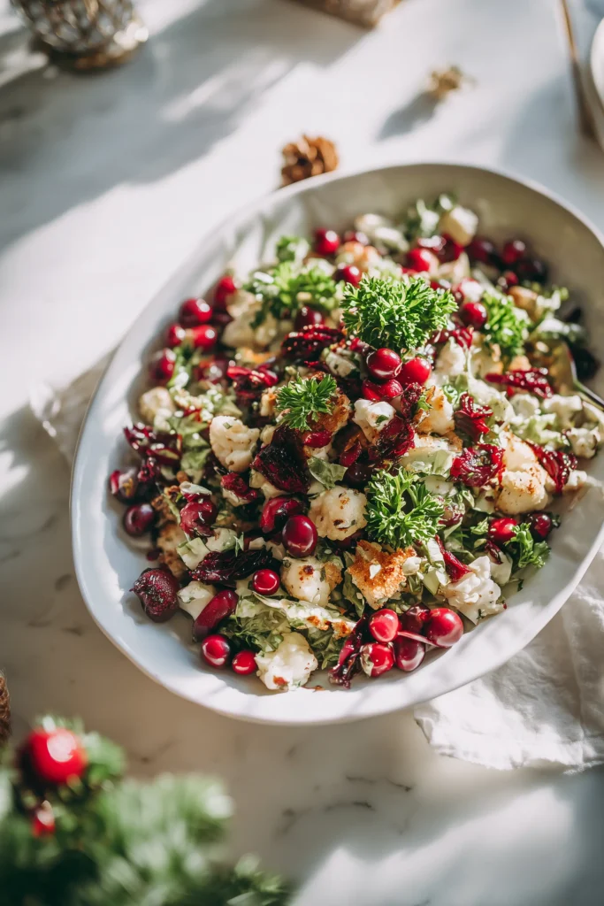 Festive Chickpea Salad with Cranberries, Feta and Lemon Vinaigrette presented on a serving platter with holiday garnishes.