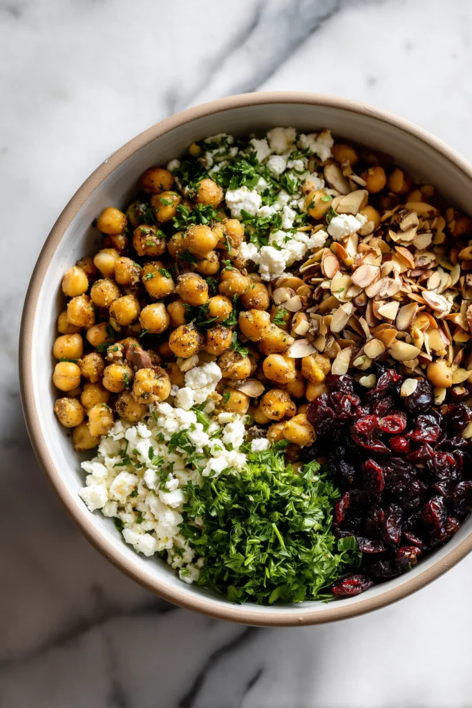 A bowl with chickpeas, cranberries, feta, parsley, and almonds before mixing for Festive Chickpea Salad with Cranberries, Feta and Lemon Vinaigrette.