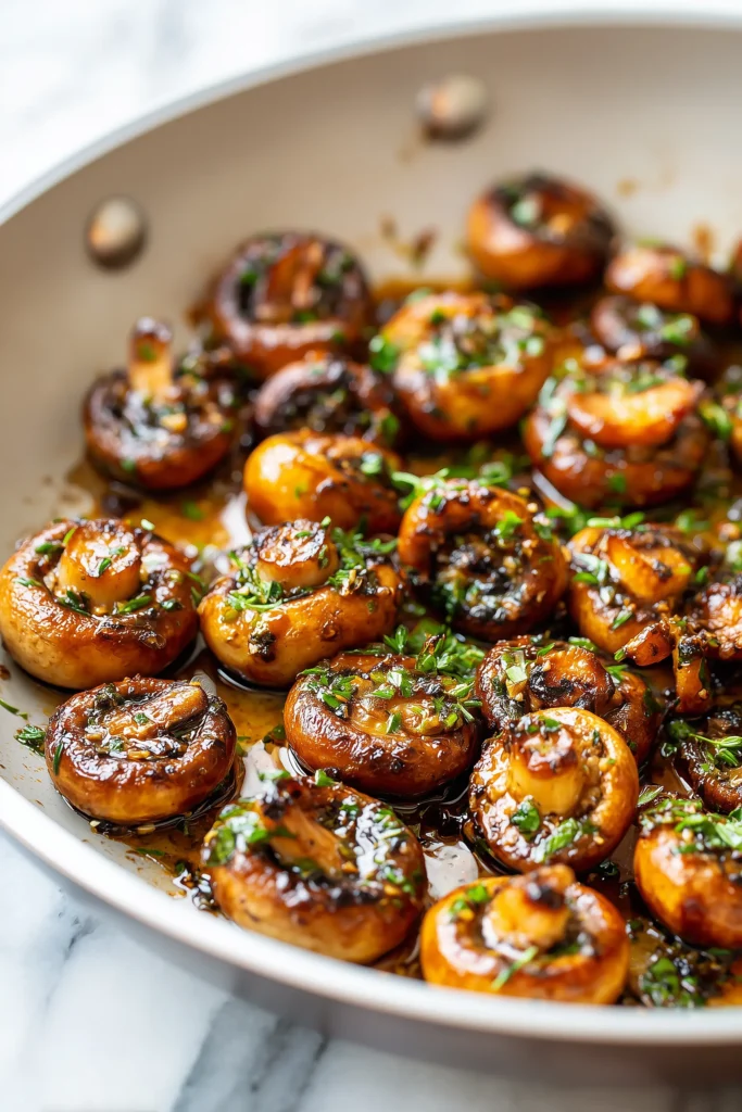 Sautéed Mushrooms browning with golden edges in a skillet, herbs on top.