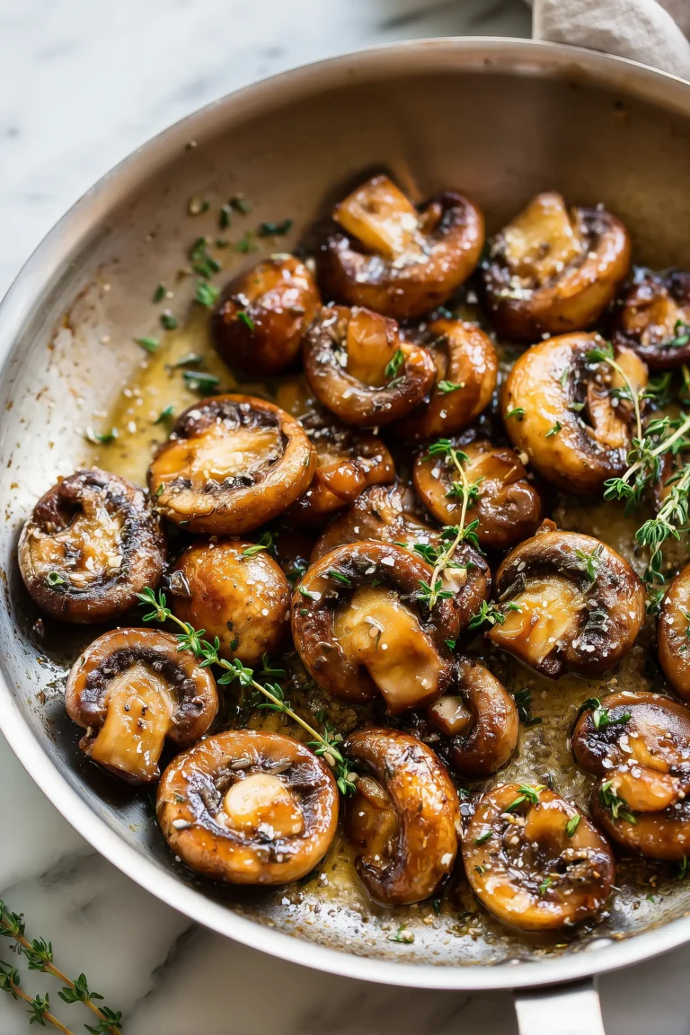 Close-up of Sautéed Mushrooms with golden edges and thyme in a skillet.