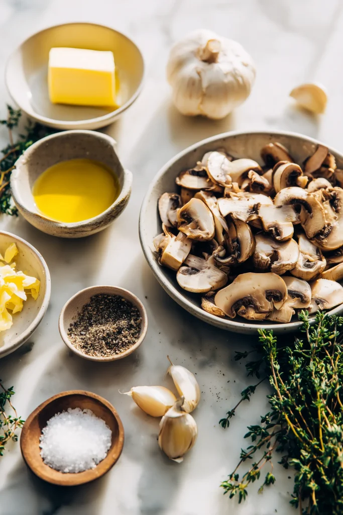 Ingredients for Sautéed Mushrooms including fresh mushrooms, herbs, olive oil, and butter on marble.