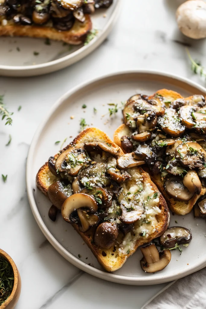 Sautéed Mushrooms served on thick sourdough toast topped with herbs.