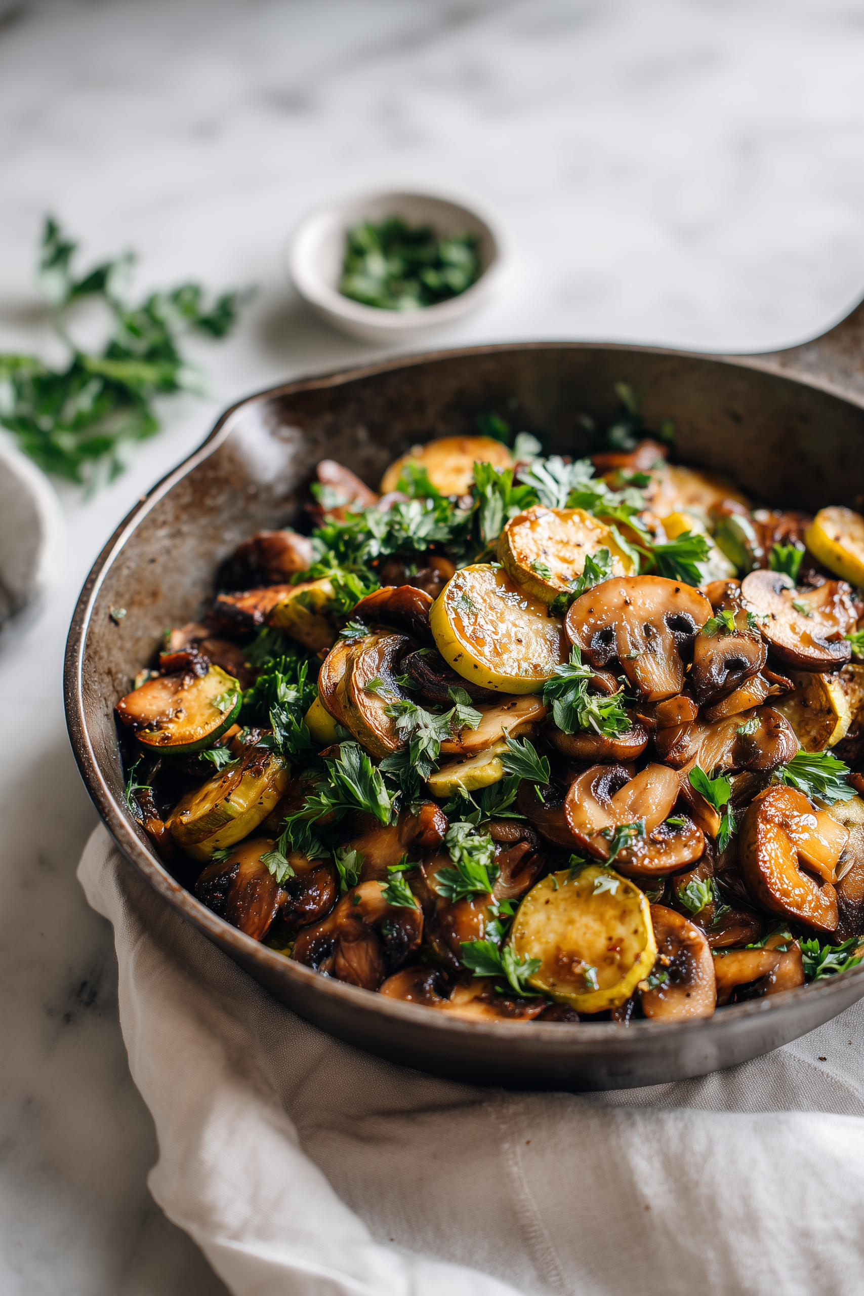A skillet with sauteed zucchini mushrooms and onions caramelized golden with fresh parsley.