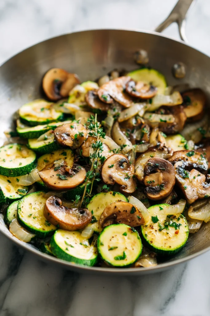 Zucchini, mushrooms, and onions turning golden in a skillet for sauteed zucchini mushrooms and onions.