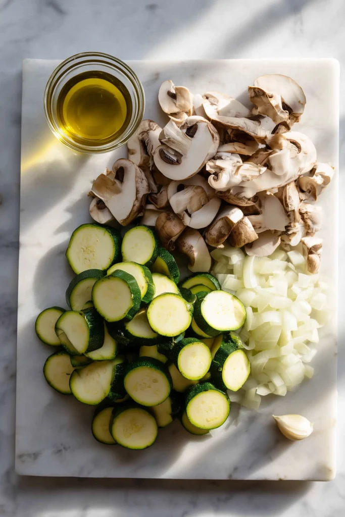 Sliced zucchini, mushrooms, onions, garlic, and olive oil on a white board for sauteed zucchini mushrooms and onions.
