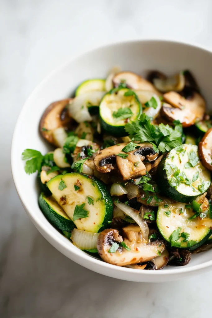 Served sauteed zucchini mushrooms and onions with herbs in a white bowl.