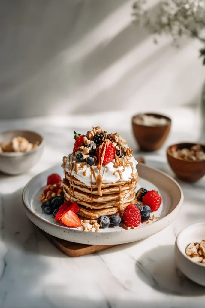 A brunch scene with Cottage Cheese Protein Pancakes, bowls of toppings, yogurt, berries, and nut butter ready for serving.