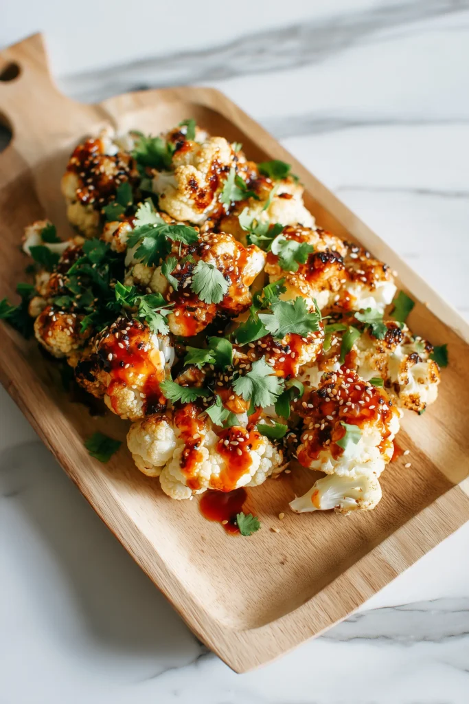 Maple Sriracha Cauliflower 4 A serving platter of Maple Sriracha Cauliflower, garnished with sesame seeds and cilantro, looking crispy and vibrant.
