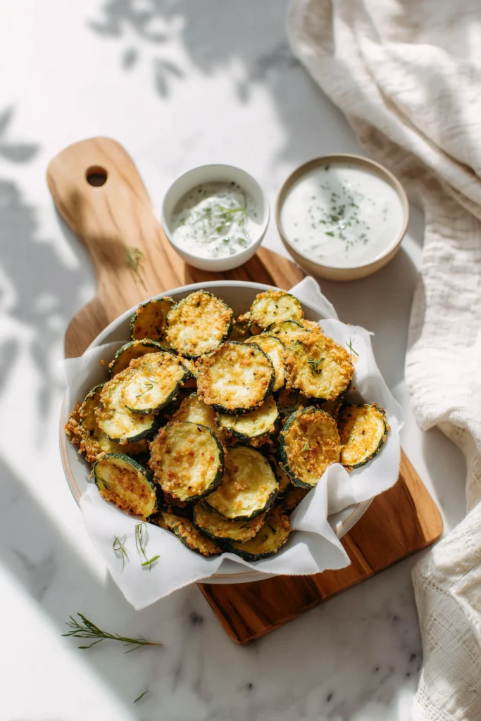 Low Carb Baked Zucchini Chips 4 Low carb baked zucchini chips served with ranch and yogurt dips on a white marble snack board.