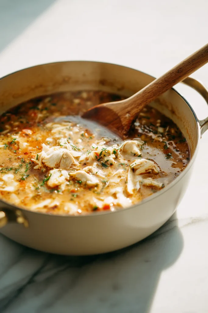 Creamy Garlic Parmesan Chicken Soup simmering in a pot with chunks of chicken, Parmesan, herbs, and a wooden spoon resting on the counter.