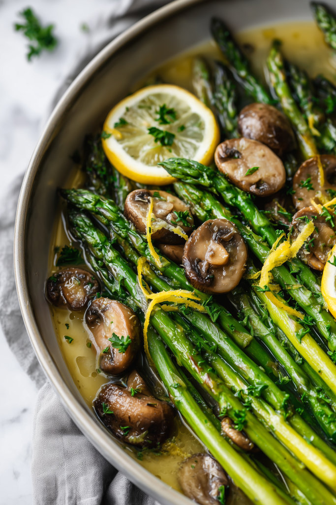A bowl of Slow Cooker Butter Garlic Asparagus and Mushrooms with a vibrant garlic butter sauce and fresh herbs.