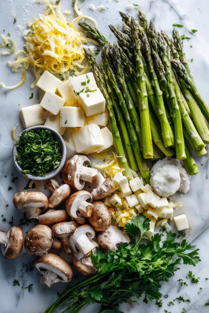 Ingredients for Slow Cooker Butter Garlic Asparagus and Mushrooms on a marble surface, prepared for cooking.