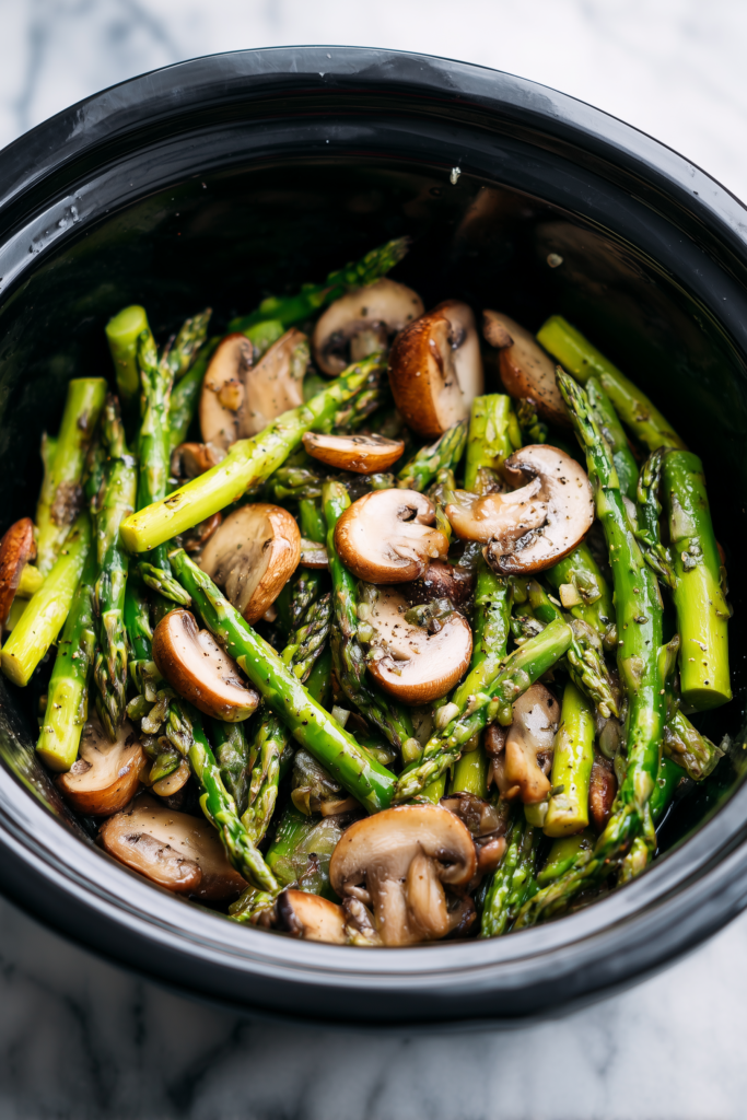 Asparagus and mushrooms coated with garlic butter in a slow cooker insert, ready for cooking.