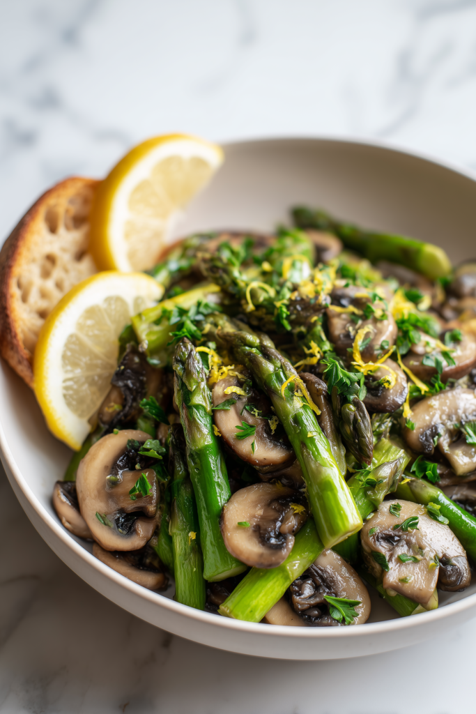 A bowl of Slow Cooker Butter Garlic Asparagus and Mushrooms with parsley, lemon zest, and bread on the side.