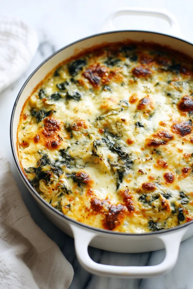 Overhead shot of Spinach Artichoke Chicken with Cottage Cheese in a skillet, showing bubbling cheese and a creamy, vibrant topping.