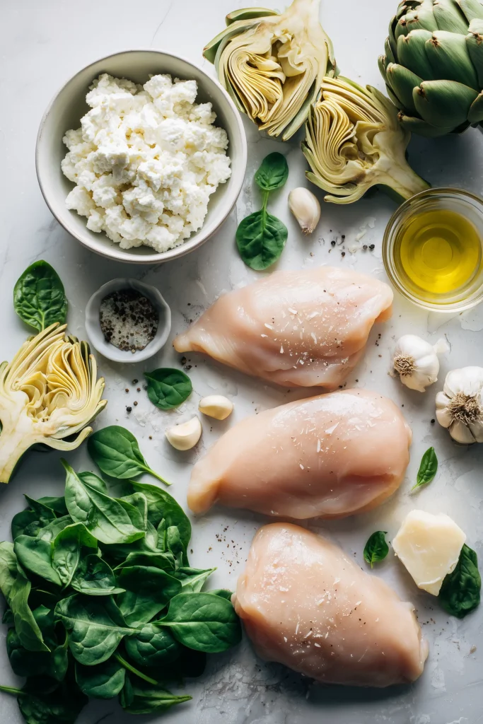 Spinach Artichoke Chicken with Cottage Cheese 2 Overhead image of neatly arranged ingredients for Spinach Artichoke Chicken with Cottage Cheese on a bright, clean surface.