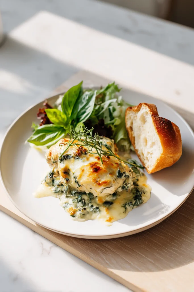 Spinach Artichoke Chicken with Cottage Cheese 4 Plated Spinach Artichoke Chicken with Cottage Cheese served with salad and bread on a bright, airy table.