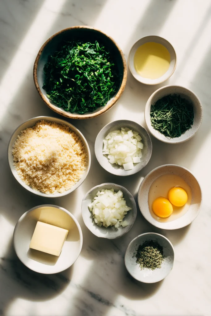 All the fresh ingredients for Spinach Balls displayed neatly on a bright surface.