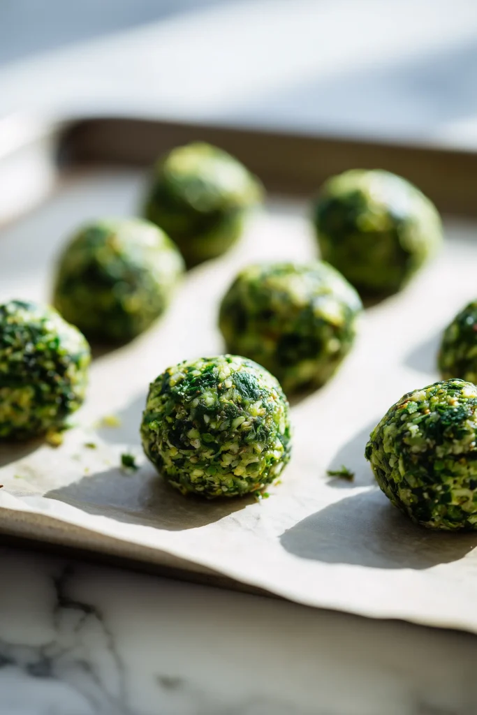 Spinach Balls mixture rolled into round shapes on a baking tray, ready for baking.