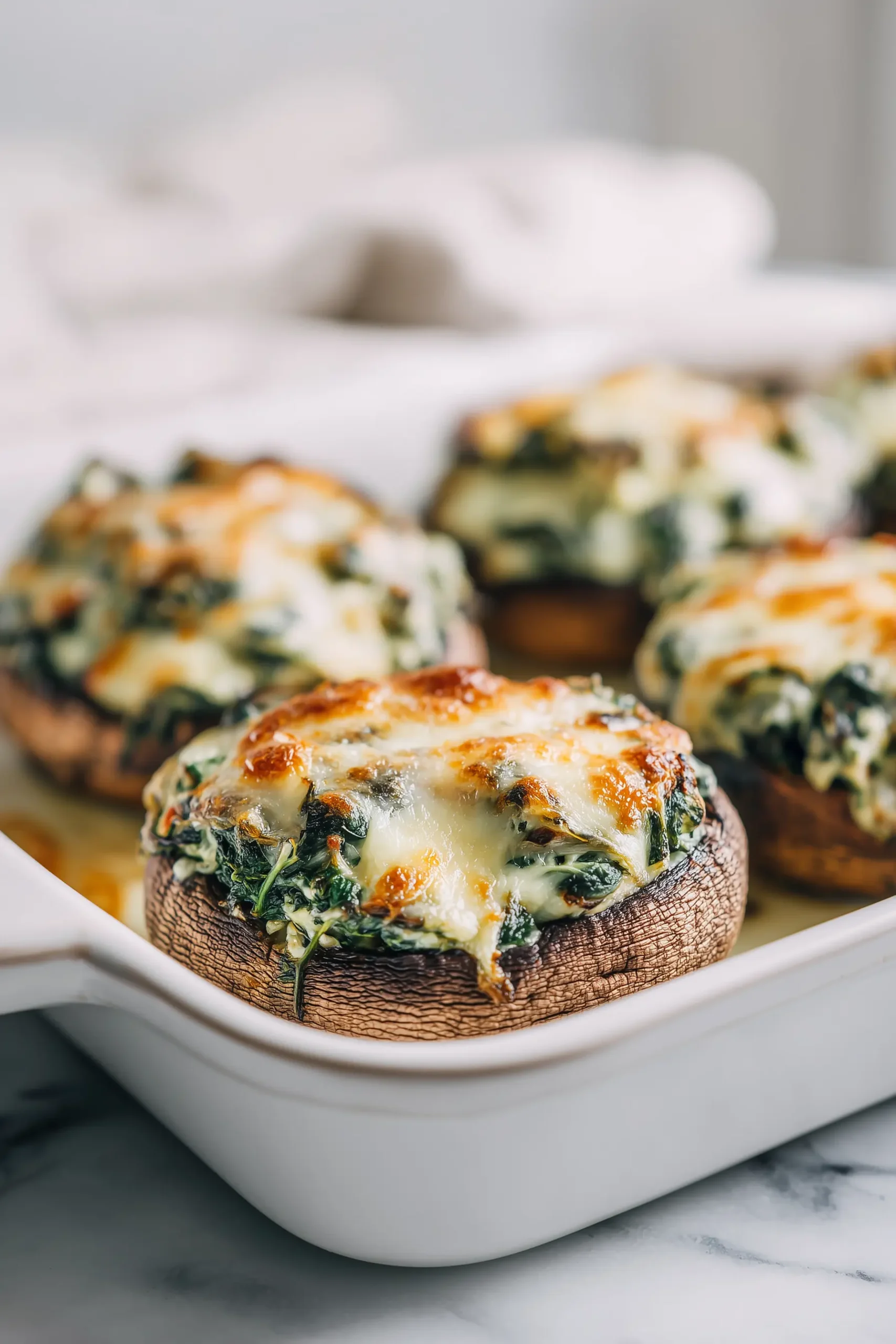 Golden, bubbling Spinach Cheese Stuffed Portobello mushrooms filled with creamy cheese and spinach on a bright baking dish.