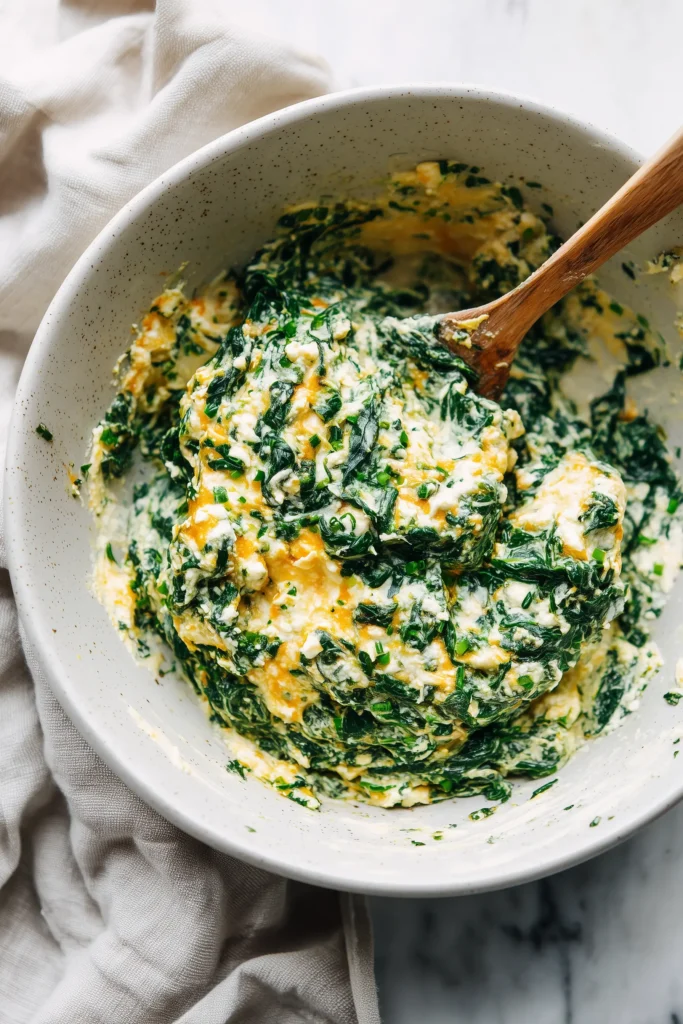 Spinach Cheese Stuffed Portobello 3 A bowl of spinach and cheese mixture with herbs, ready to stuff into portobellos for Spinach Cheese Stuffed Portobello.
