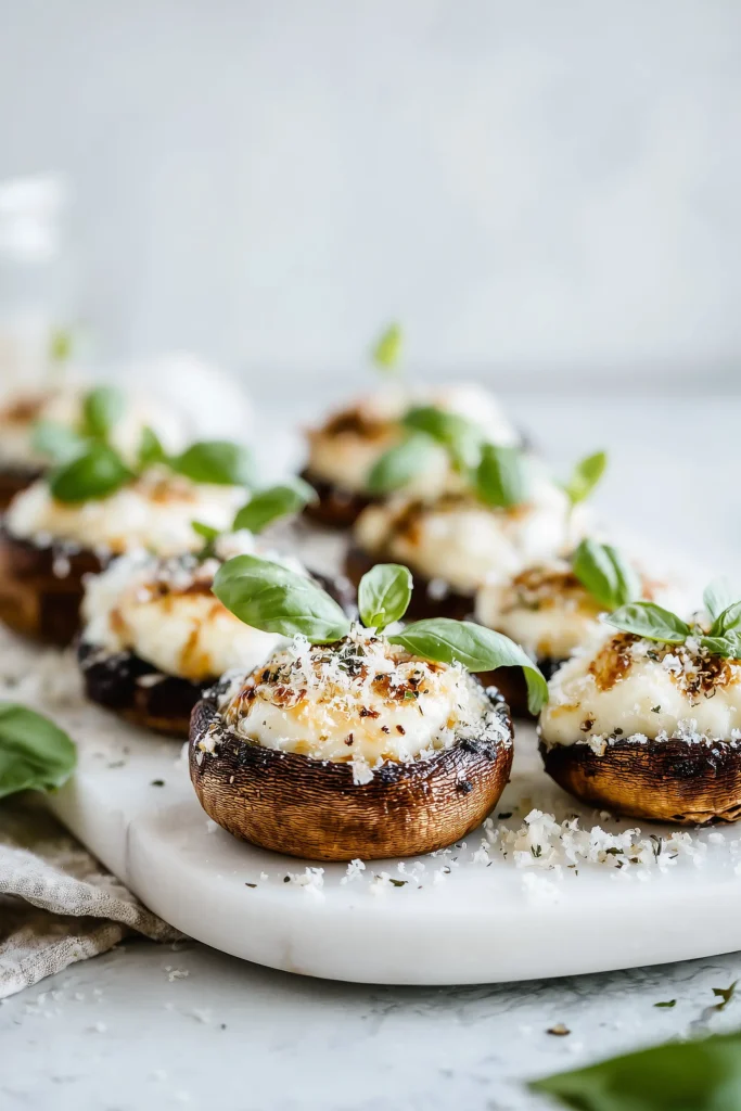 Spinach Cheese Stuffed Portobello 4 Golden brown Spinach Cheese Stuffed Portobello mushrooms on a serving platter, sprinkled with fresh basil.