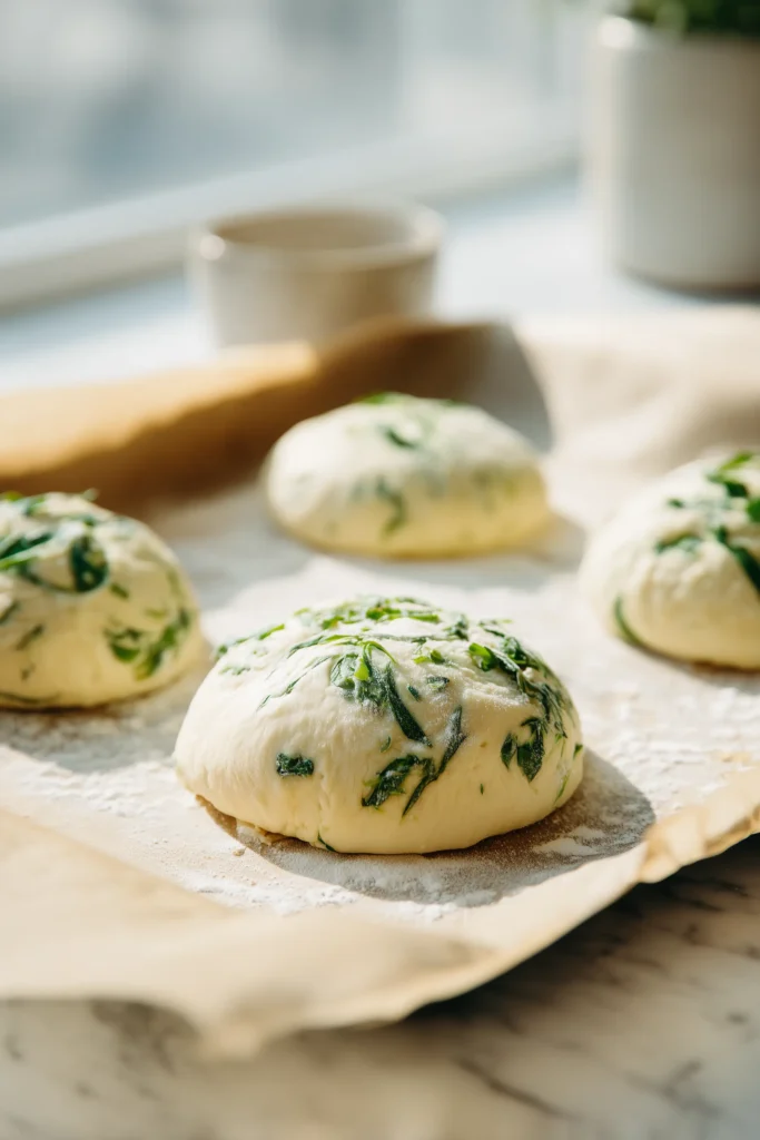 Unbaked Spinach Cottage Cheese Flat Bagels shaped on parchment, ready for the oven.
