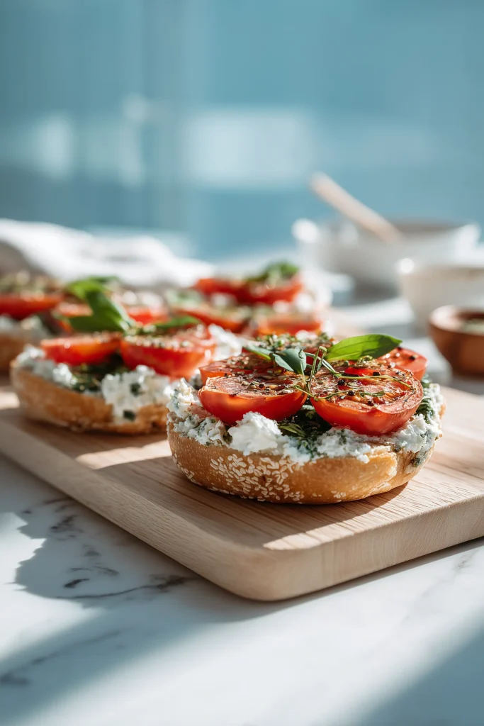 Spinach Cottage Cheese Flat Bagels served with cream cheese, tomatoes, and herbs for a cozy snack.