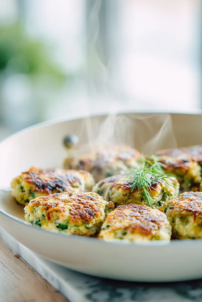 Spinach Feta Patties frying in a white skillet, showing golden edges and visible spinach.