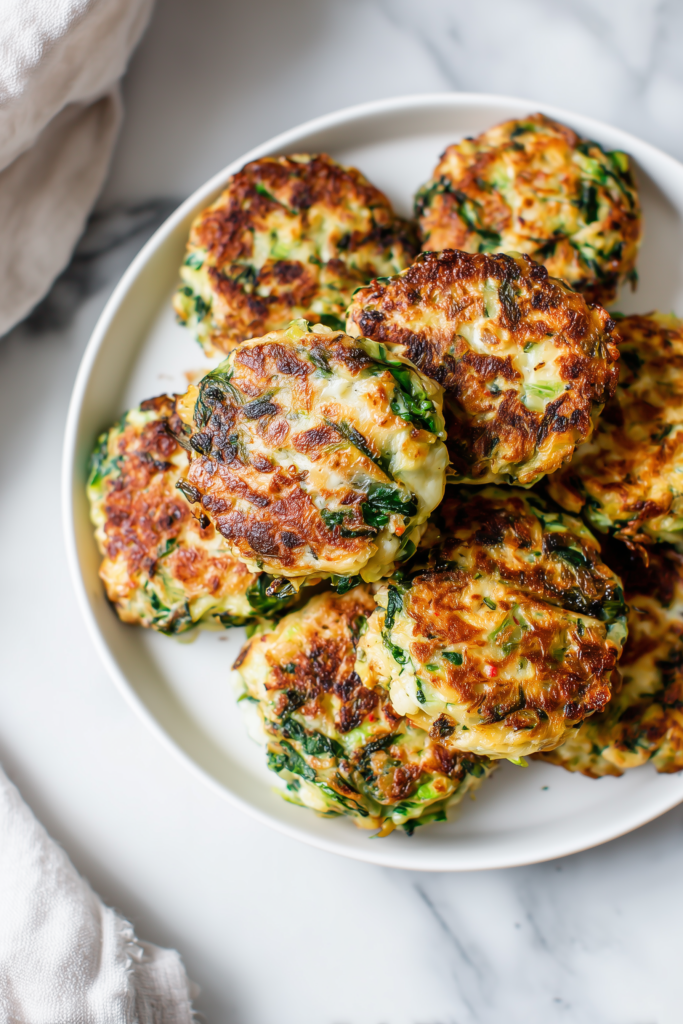 A plate of golden brown Spinach Feta Patties with visible spinach and feta on a marble background.