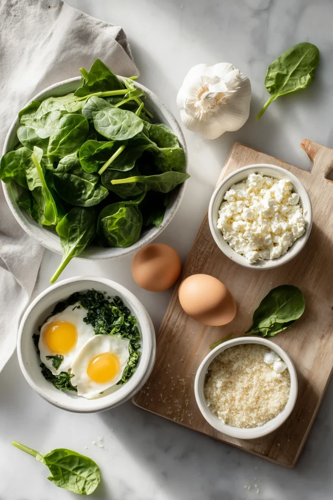 Chopped spinach, crumbled feta, eggs, breadcrumbs, and garlic arranged for Spinach Feta Patties.