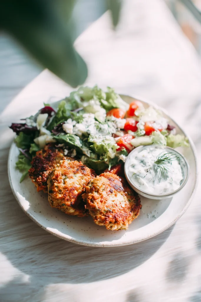 A plate of Spinach Feta Patties with tzatziki dip and a colorful fresh salad on the side.