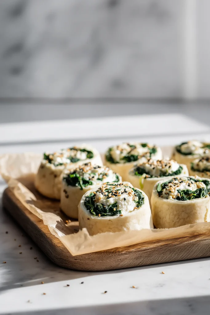 Unbaked Spinach and Ricotta Rolls Recipe pastries on parchment-lined baking sheet, sprinkled with seeds.
