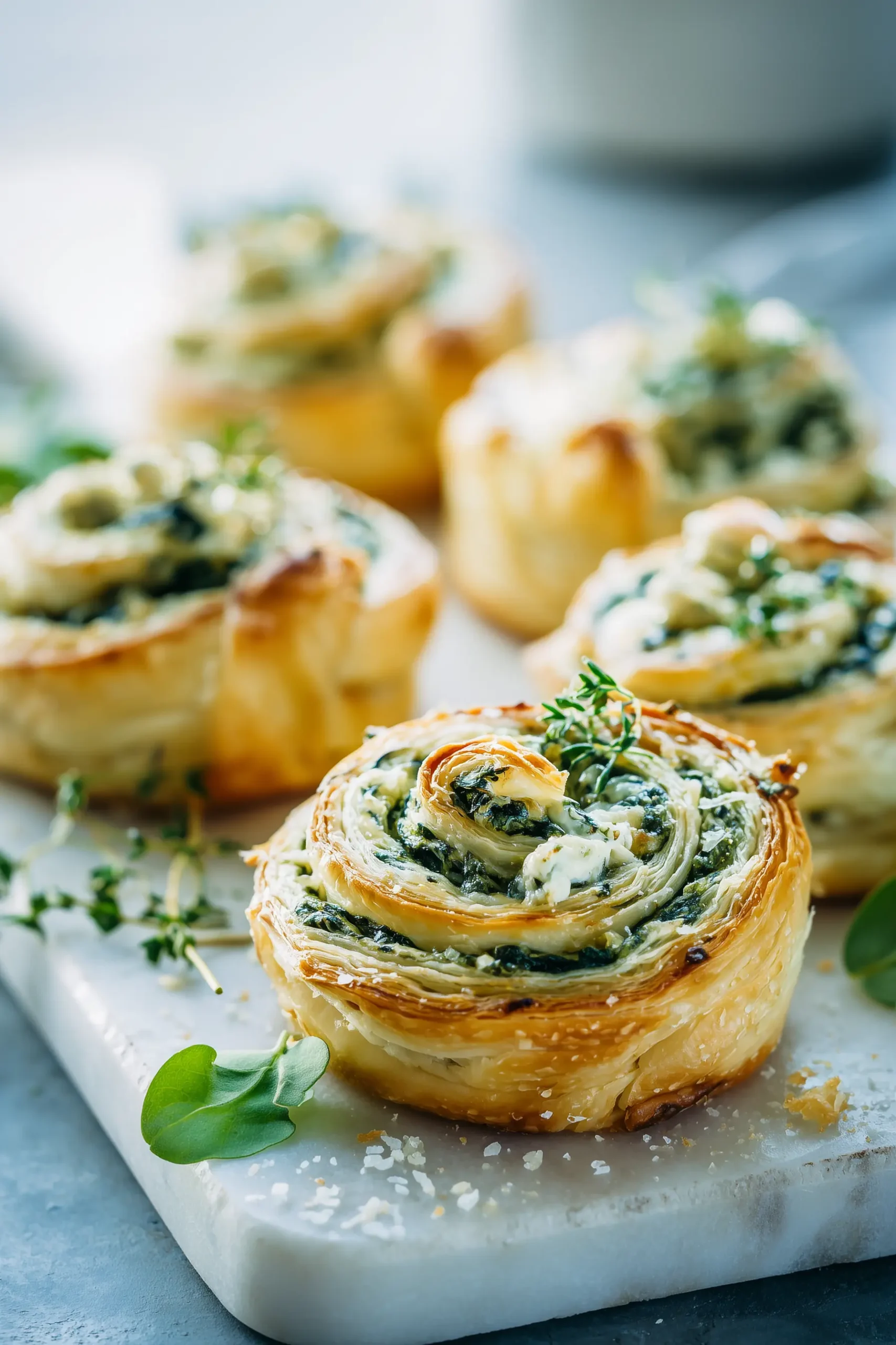 Golden Spinach and Ricotta Rolls Recipe pastries displayed on a marble board, showing crispy layers and green flecks of spinach.