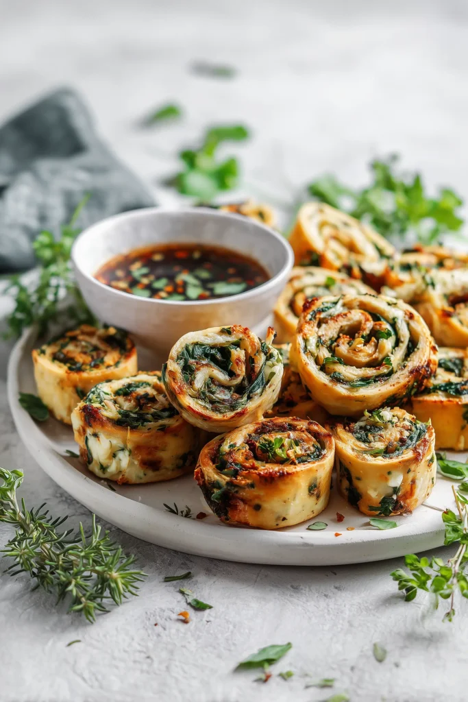 Sliced Spinach and Ricotta Rolls Recipe arranged on a platter with dipping sauce and fresh herbs.