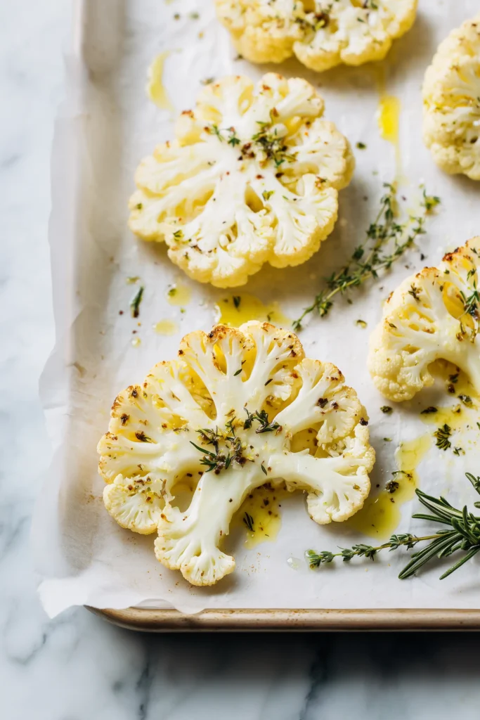 Cauliflower steaks on a parchment-lined pan brushed with garlic herb oil for Garlic Roasted Cauliflower.