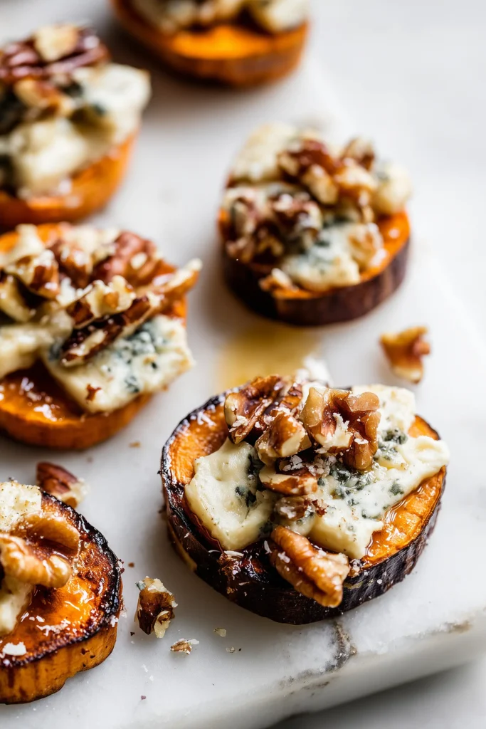 Close-up of Sweet Potato Brie Bites with melting brie, toasted nuts, and honey on a marble surface.