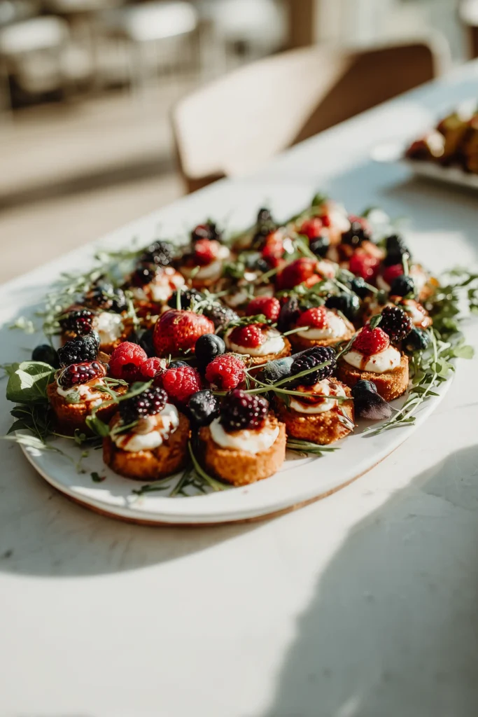 Appetizer platter of Sweet Potato Brie Bites surrounded by herbs and berries on a bright marble table.
