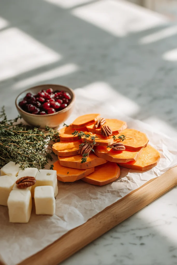 Ingredients for Sweet Potato Brie Bites including sweet potatoes, brie, nuts, honey, and cranberries on a wood surface.