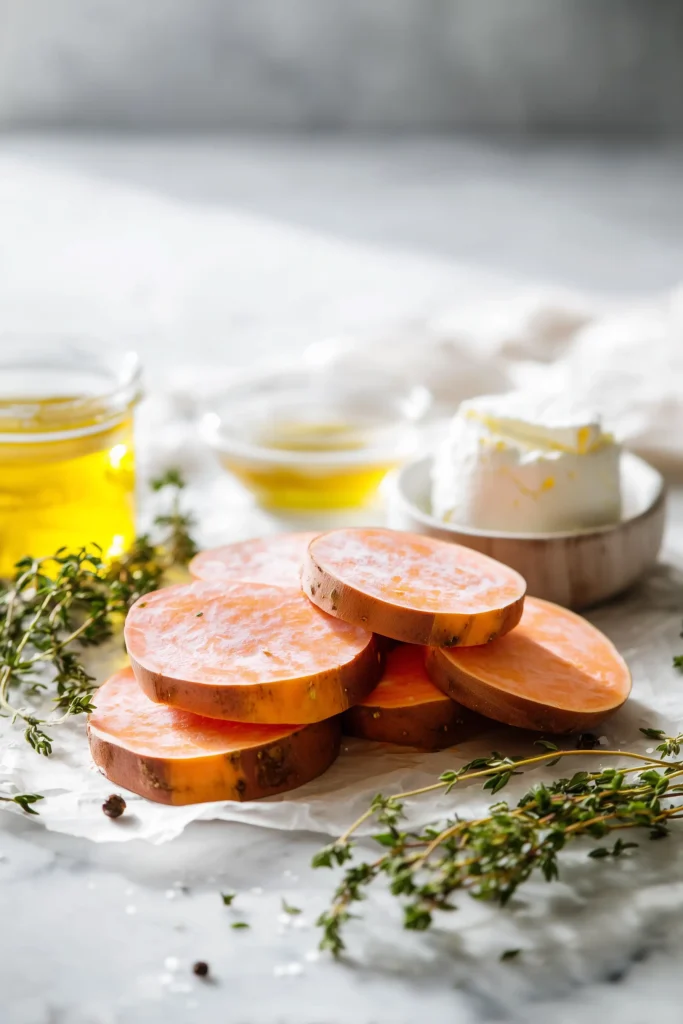 Ingredients for Sweet Potato Rounds with Goat Cheese and Honey laid out on parchment on a marble surface.