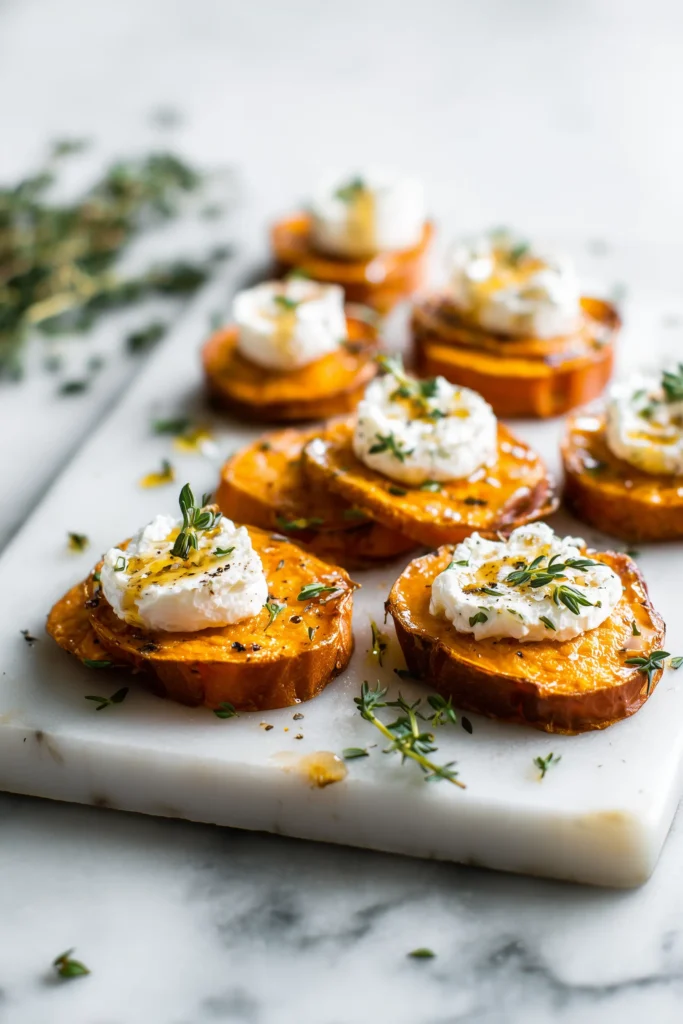 A platter of Sweet Potato Rounds with Goat Cheese and Honey, golden and glossy on white marble, garnished with fresh herbs.