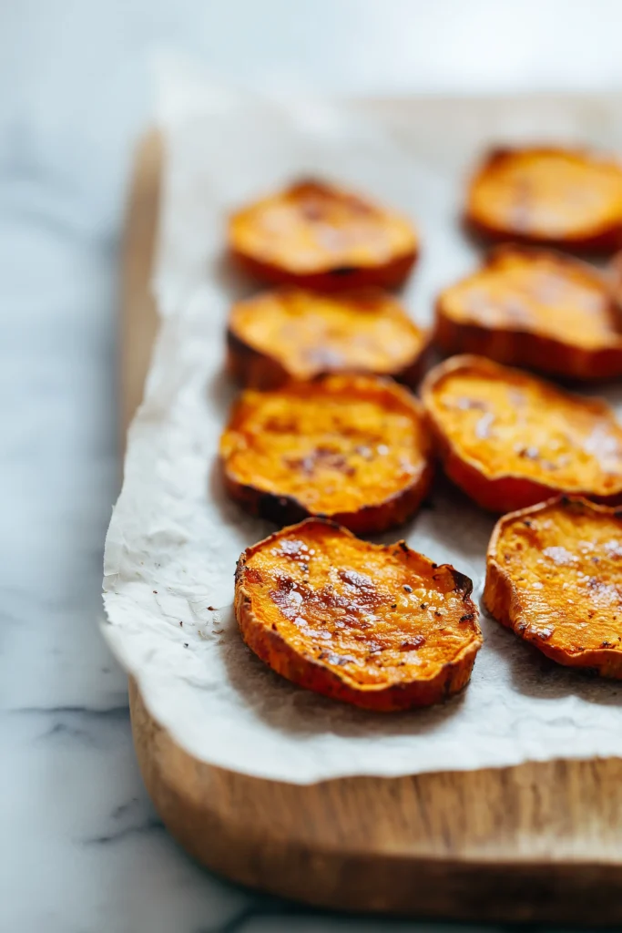 Oven-roasted Sweet Potato Rounds with crisp edges on parchment, ready for toppings.