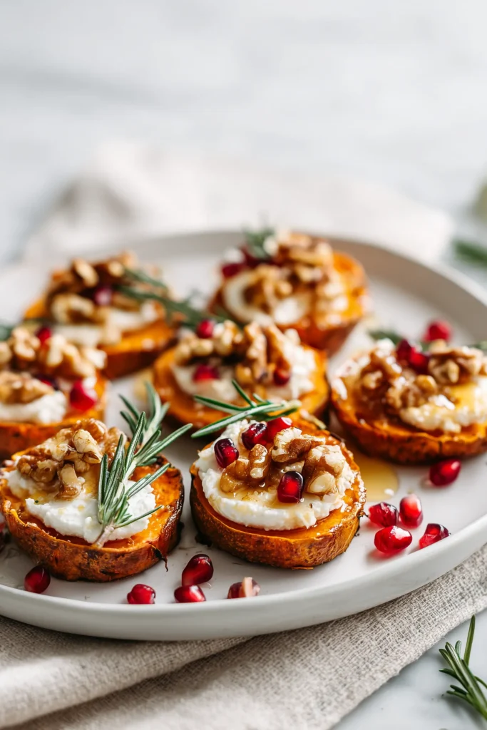 Sweet Potato Rounds with Goat Cheese, honey, nuts, and pomegranate seeds on a white plate with herbs.