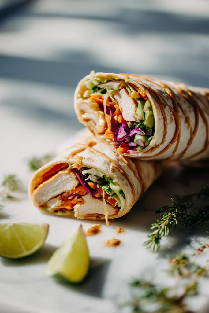 Thai Chicken Wrap with Crunchy Asian Slaw 1 Close-up of Thai Chicken Wrap with Crunchy Asian Slaw, sliced to show juicy chicken and vibrant veggies wrapped inside a tortilla, on a marble background.