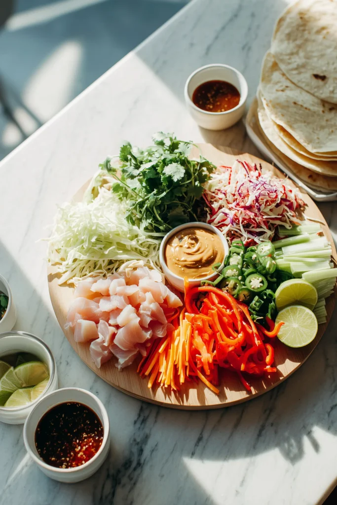 Thai Chicken Wrap with Crunchy Asian Slaw 2 Array of ingredients for Thai Chicken Wrap with Crunchy Asian Slaw, including chicken, shredded cabbage, carrots, peppers, and tortillas, on a pale wood board.